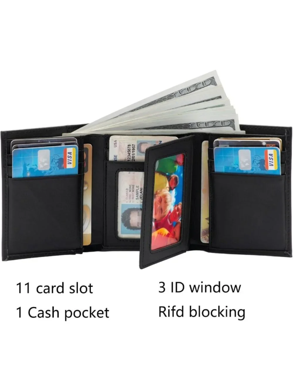 Men's RFID Blocking Trifold Leather Wallet, Genuine Leather, 3 ID Windows, Black